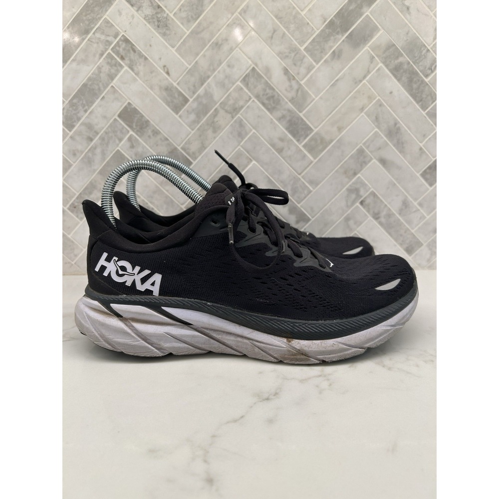Hoka One One Clifton 8 Running Sneakers Shoes Black White Womens Size 9 9B‎